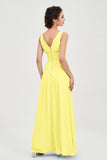 V Neck Natural Chiffon Bridesmaid Dress with Ruched Pleated Formal Evening Dresses Gowns