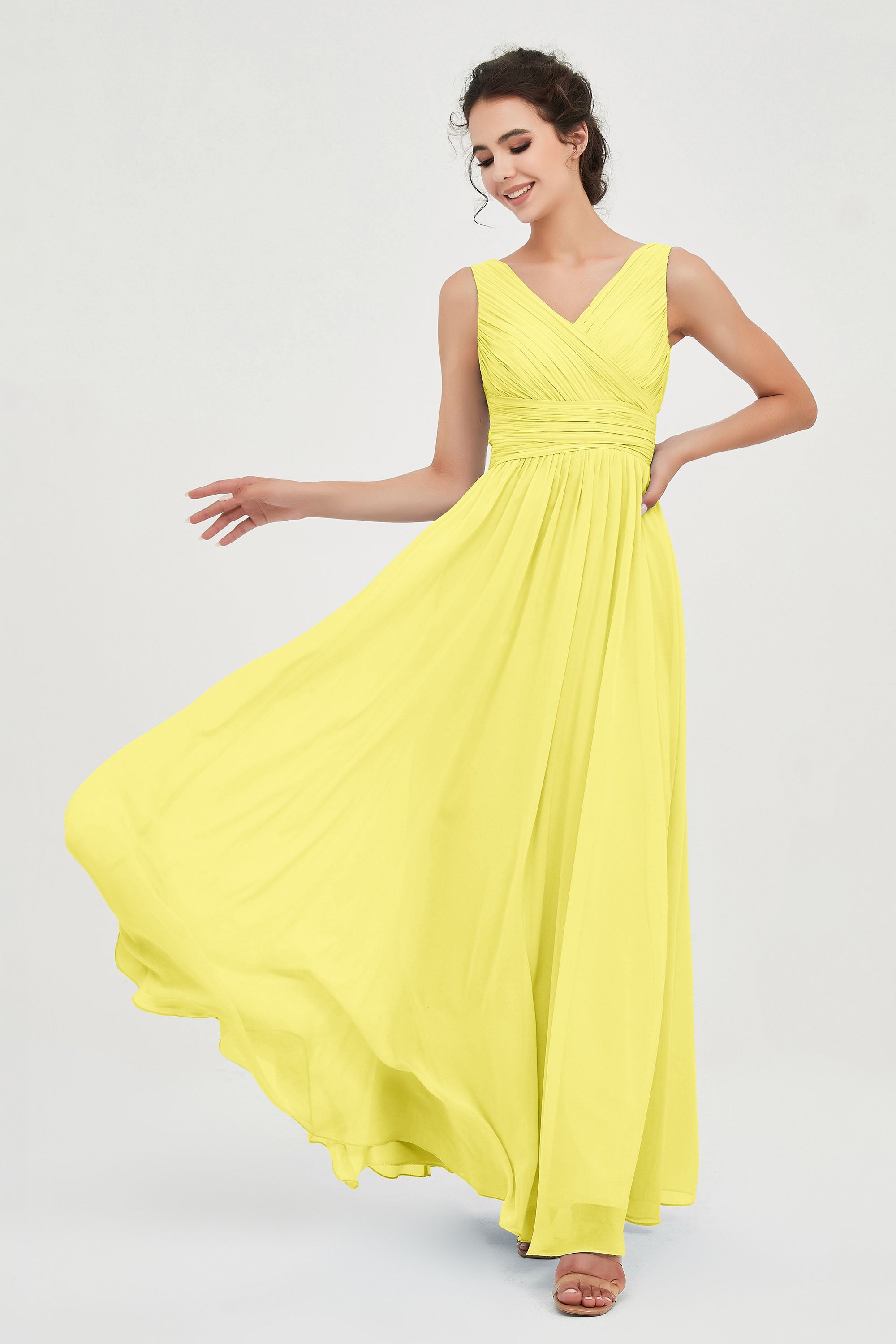 V Neck Natural Chiffon Bridesmaid Dress with Ruched Pleated Formal Evening Dresses Gowns