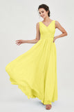 V Neck Natural Chiffon Bridesmaid Dress with Ruched Pleated Formal Evening Dresses Gowns