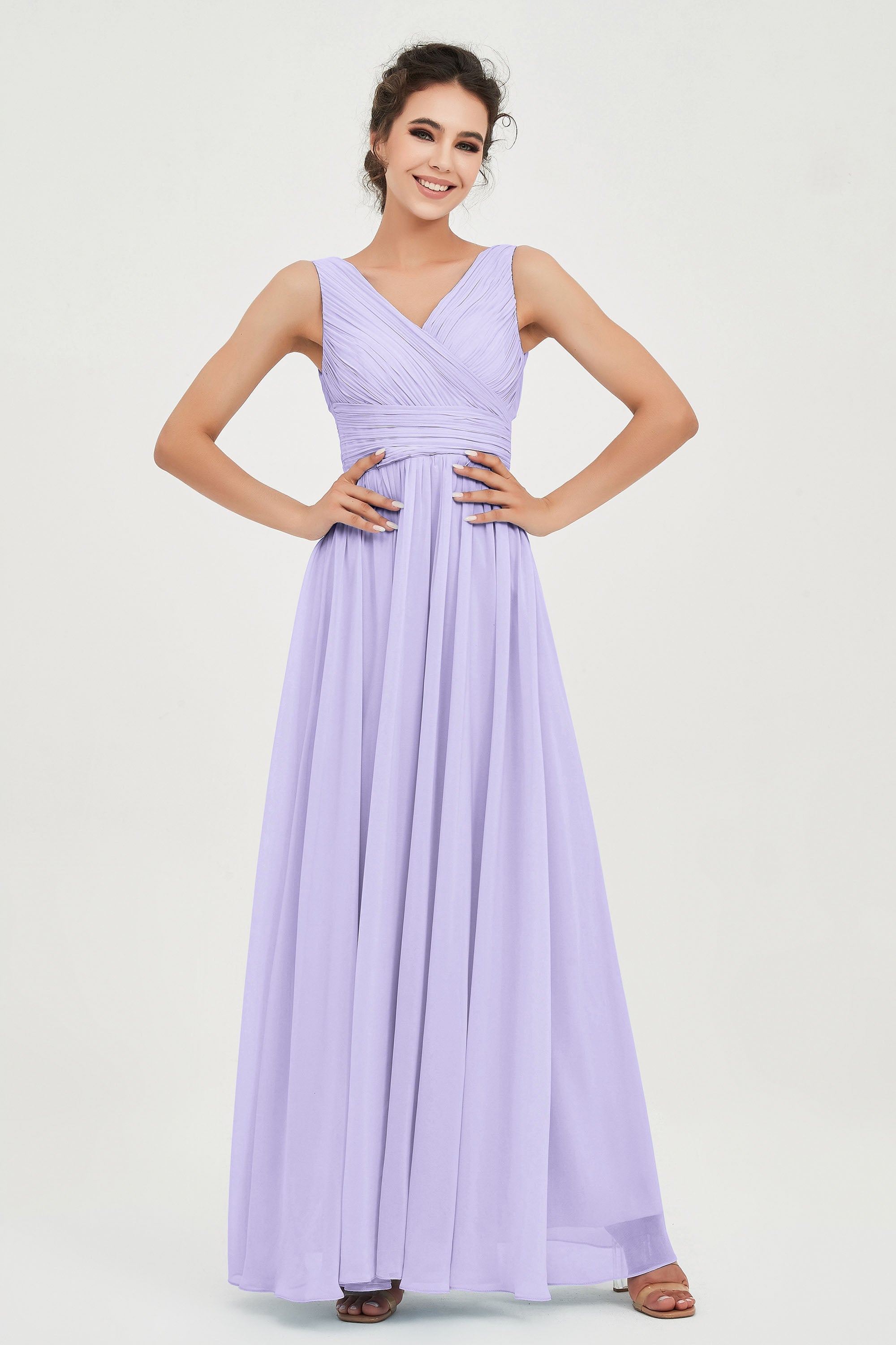 V Neck Natural Chiffon Bridesmaid Dress with Ruched Pleated Formal Evening Dresses Gowns