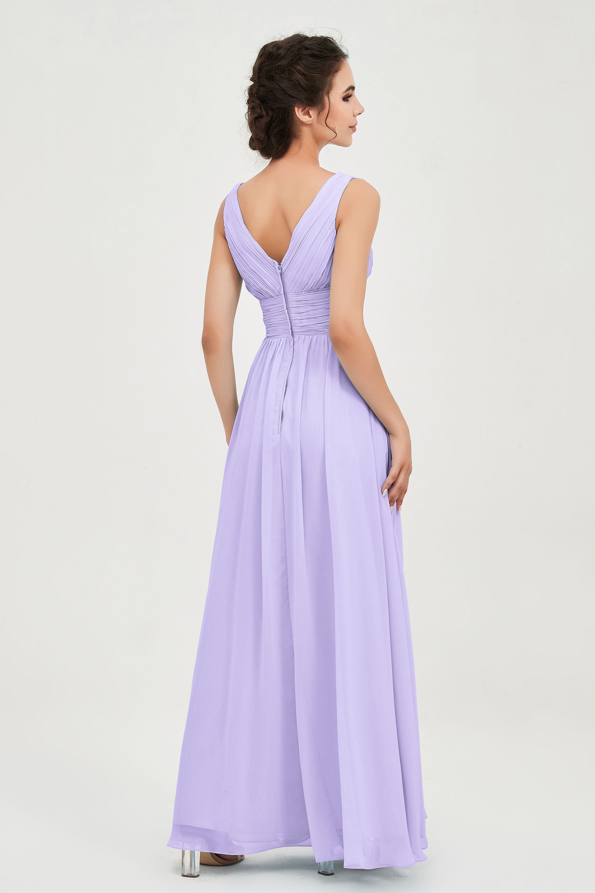 V Neck Natural Chiffon Bridesmaid Dress with Ruched Pleated Formal Evening Dresses Gowns