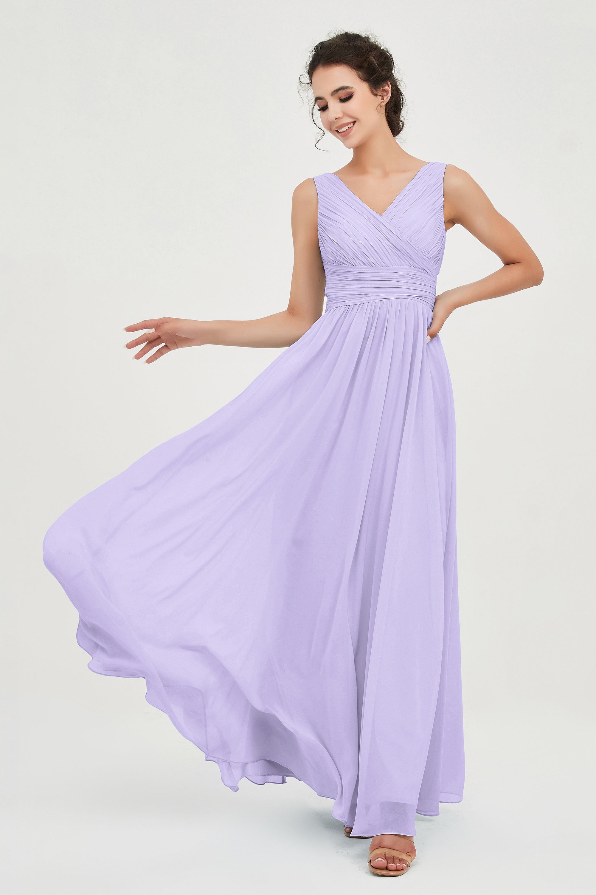 V Neck Natural Chiffon Bridesmaid Dress with Ruched Pleated Formal Evening Dresses Gowns