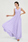 V Neck Natural Chiffon Bridesmaid Dress with Ruched Pleated Formal Evening Dresses Gowns