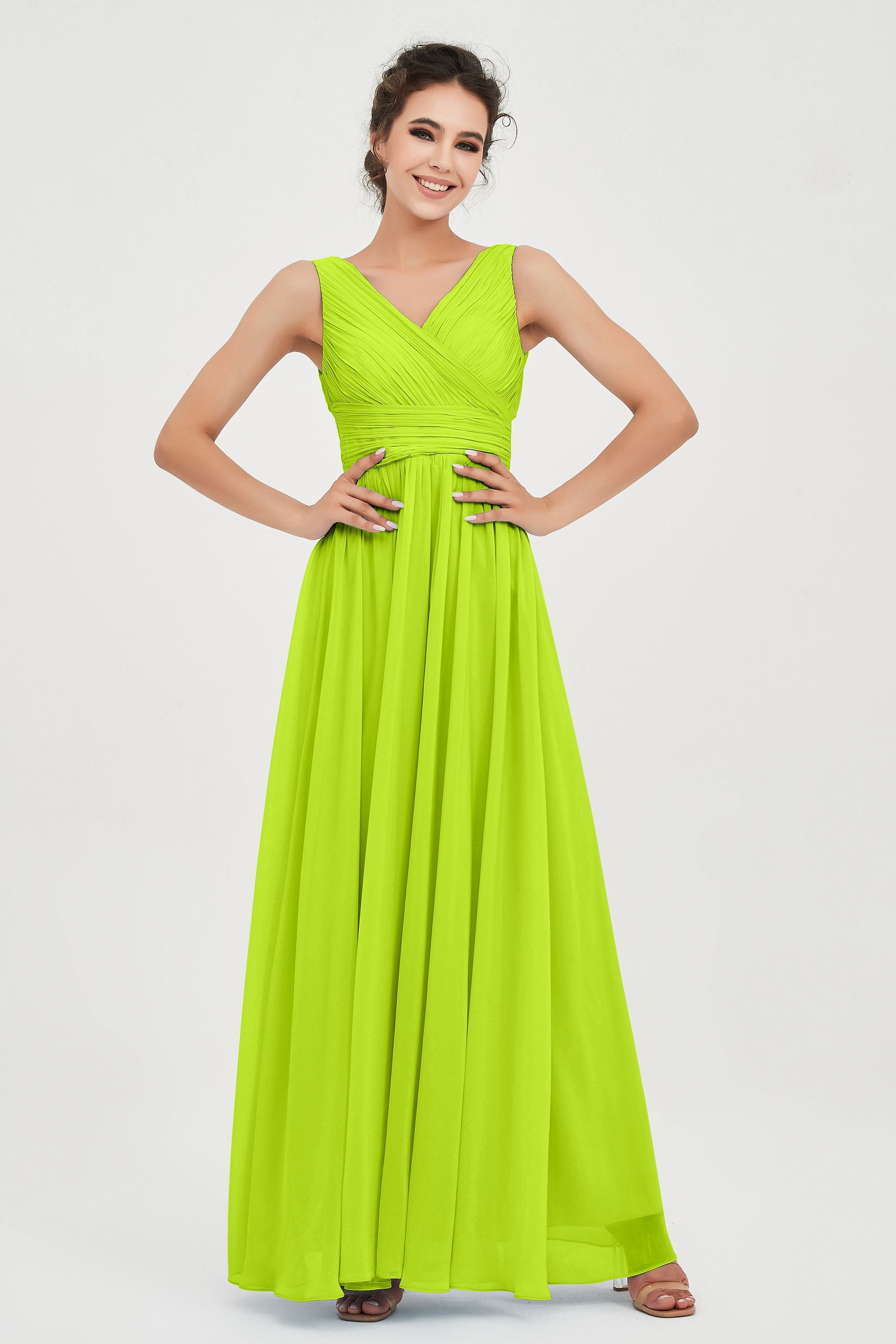 V Neck Natural Chiffon Bridesmaid Dress with Ruched Pleated Formal Evening Dresses Gowns