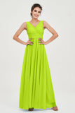 V Neck Natural Chiffon Bridesmaid Dress with Ruched Pleated Formal Evening Dresses Gowns
