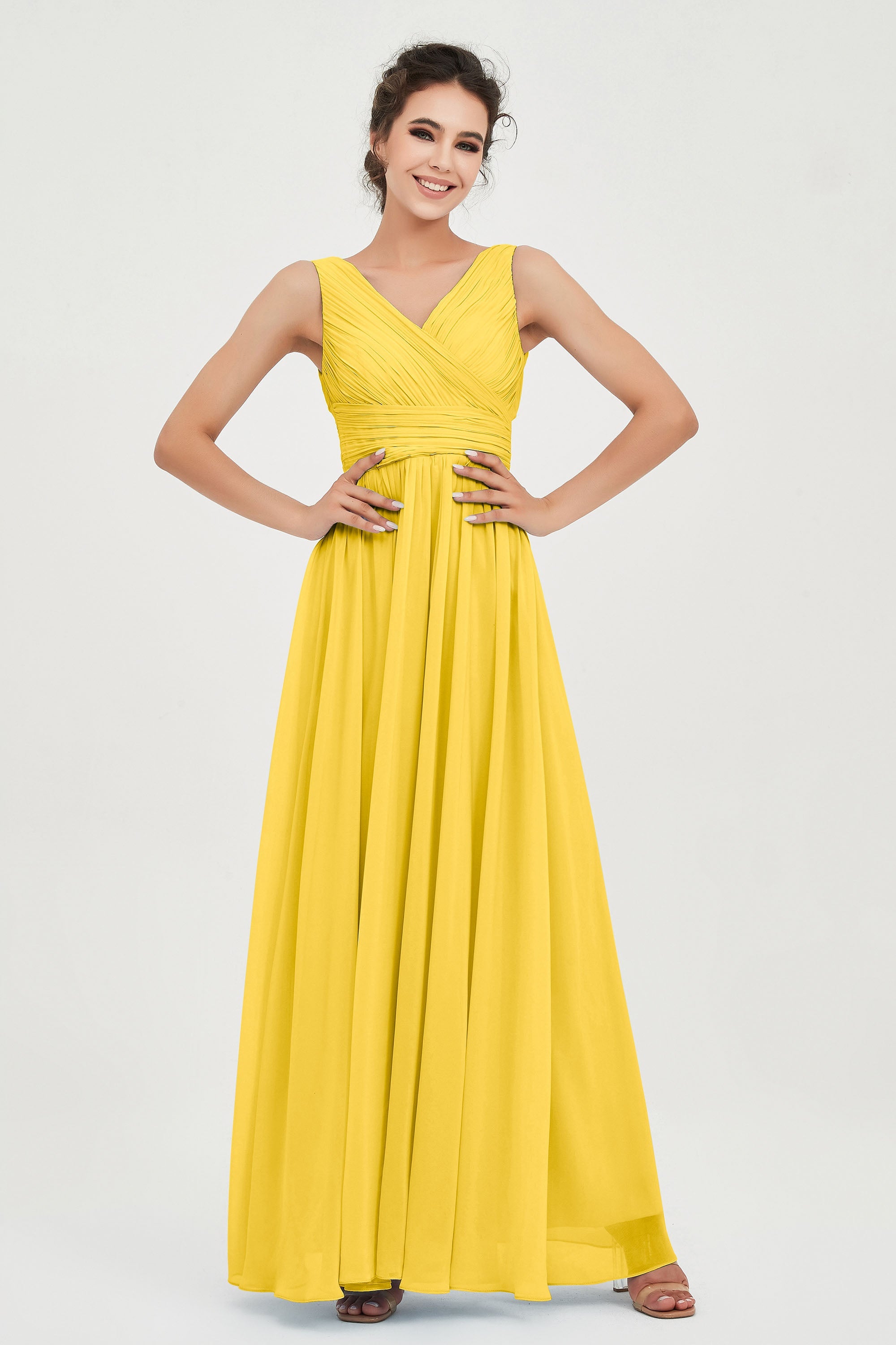 V Neck Natural Chiffon Bridesmaid Dress with Ruched Pleated Formal Evening Dresses Gowns