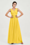V Neck Natural Chiffon Bridesmaid Dress with Ruched Pleated Formal Evening Dresses Gowns