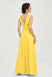V Neck Natural Chiffon Bridesmaid Dress with Ruched Pleated Formal Evening Dresses Gowns