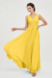 V Neck Natural Chiffon Bridesmaid Dress with Ruched Pleated Formal Evening Dresses Gowns
