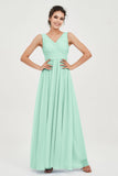 V Neck Natural Chiffon Bridesmaid Dress with Ruched Pleated Formal Evening Dresses Gowns