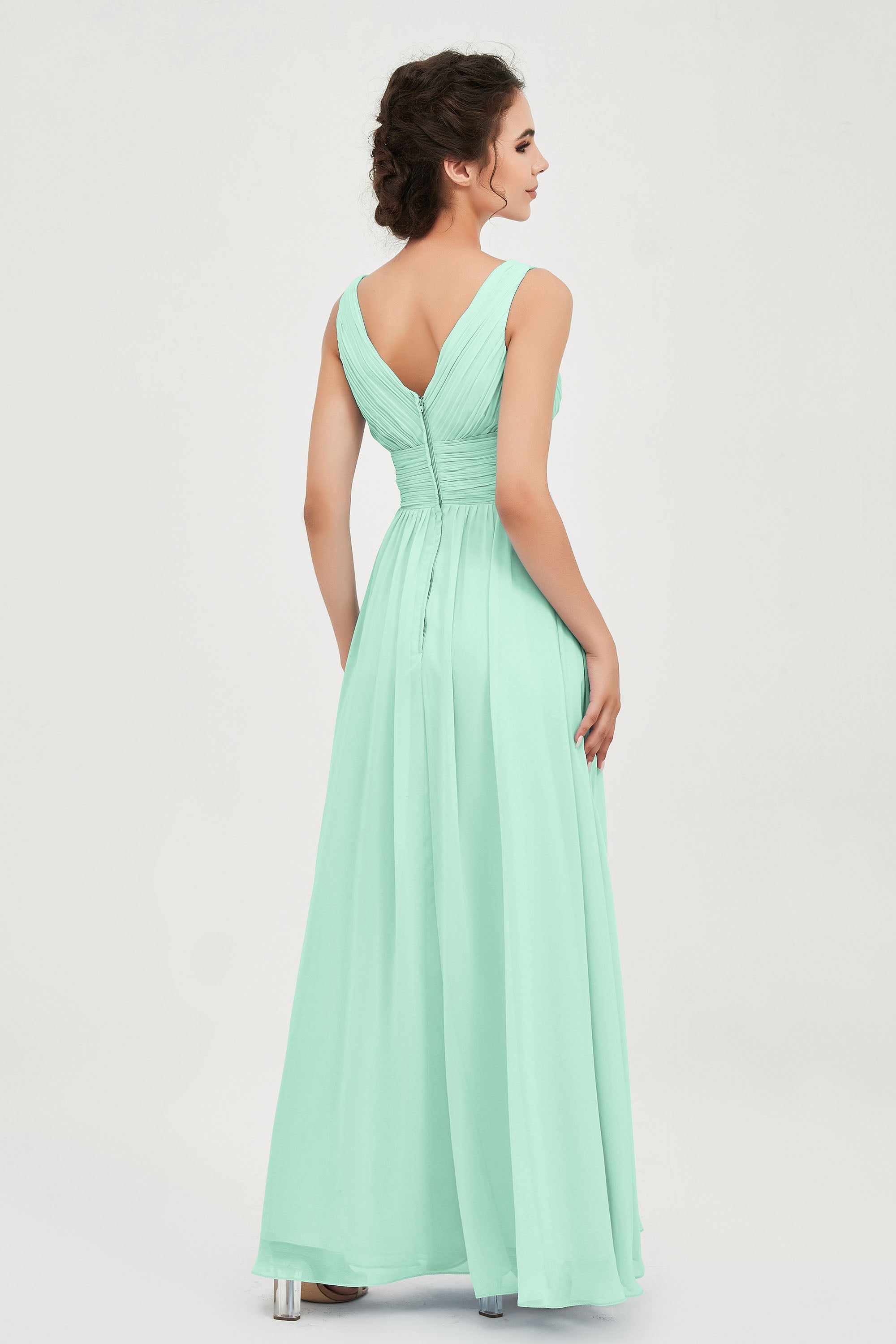 V Neck Natural Chiffon Bridesmaid Dress with Ruched Pleated Formal Evening Dresses Gowns
