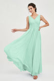 V Neck Natural Chiffon Bridesmaid Dress with Ruched Pleated Formal Evening Dresses Gowns