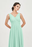 V Neck Natural Chiffon Bridesmaid Dress with Ruched Pleated Formal Evening Dresses Gowns