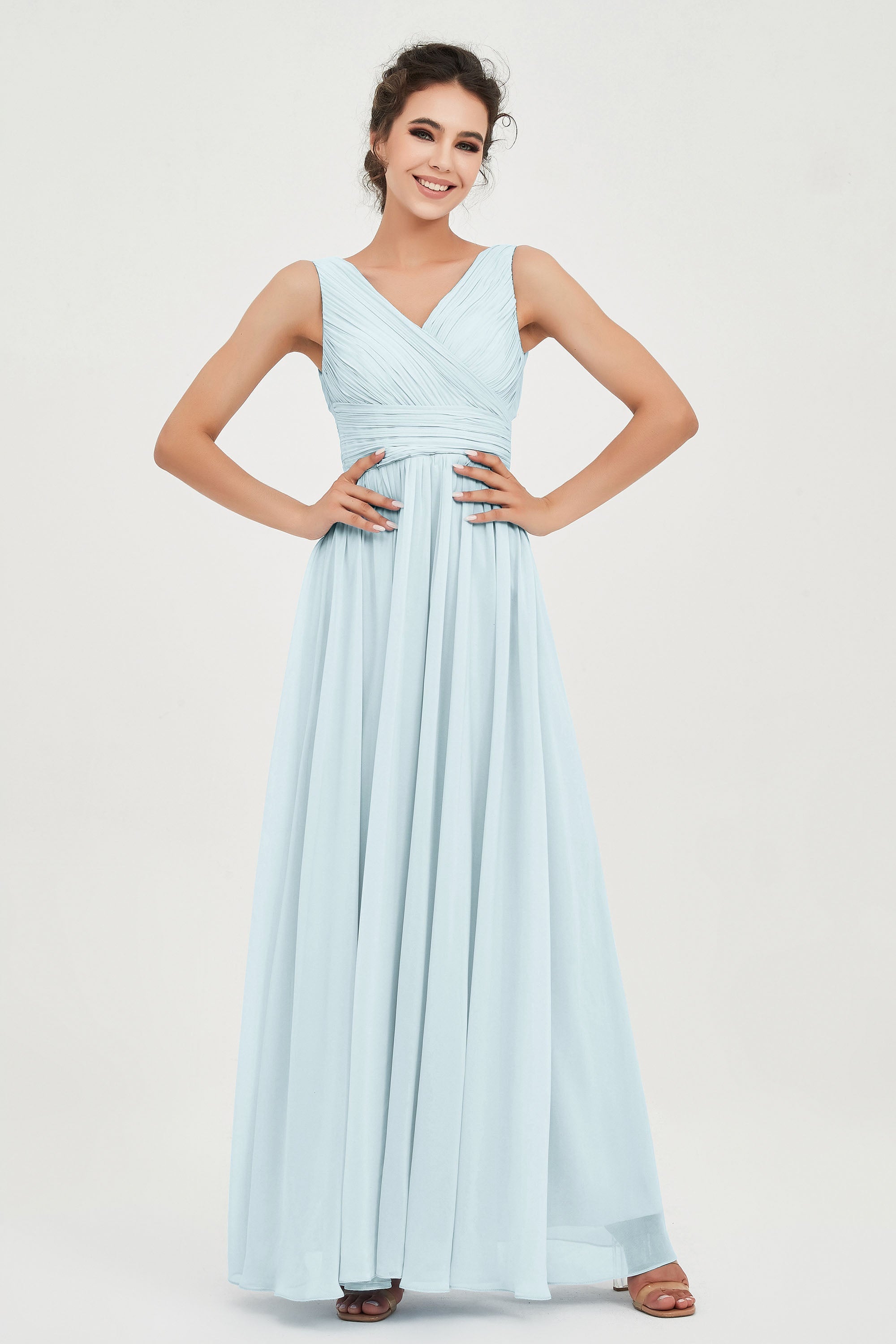 V Neck Natural Chiffon Bridesmaid Dress with Ruched Pleated Formal Evening Dresses Gowns