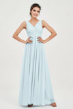 V Neck Natural Chiffon Bridesmaid Dress with Ruched Pleated Formal Evening Dresses Gowns