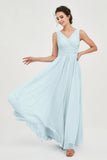 V Neck Natural Chiffon Bridesmaid Dress with Ruched Pleated Formal Evening Dresses Gowns