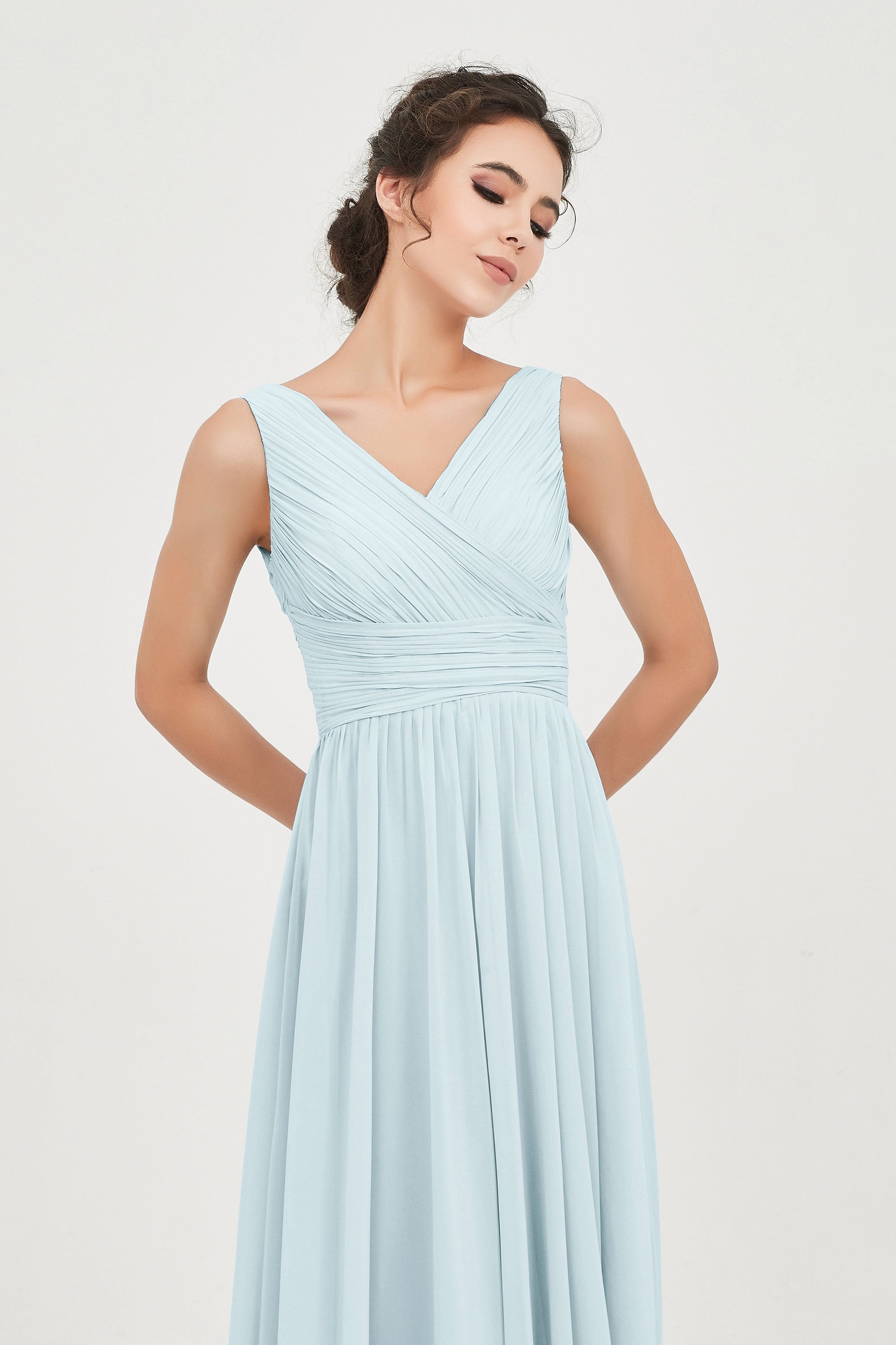 V Neck Natural Chiffon Bridesmaid Dress with Ruched Pleated Formal Evening Dresses Gowns