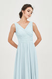 V Neck Natural Chiffon Bridesmaid Dress with Ruched Pleated Formal Evening Dresses Gowns