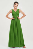 V Neck Natural Chiffon Bridesmaid Dress with Ruched Pleated Formal Evening Dresses Gowns