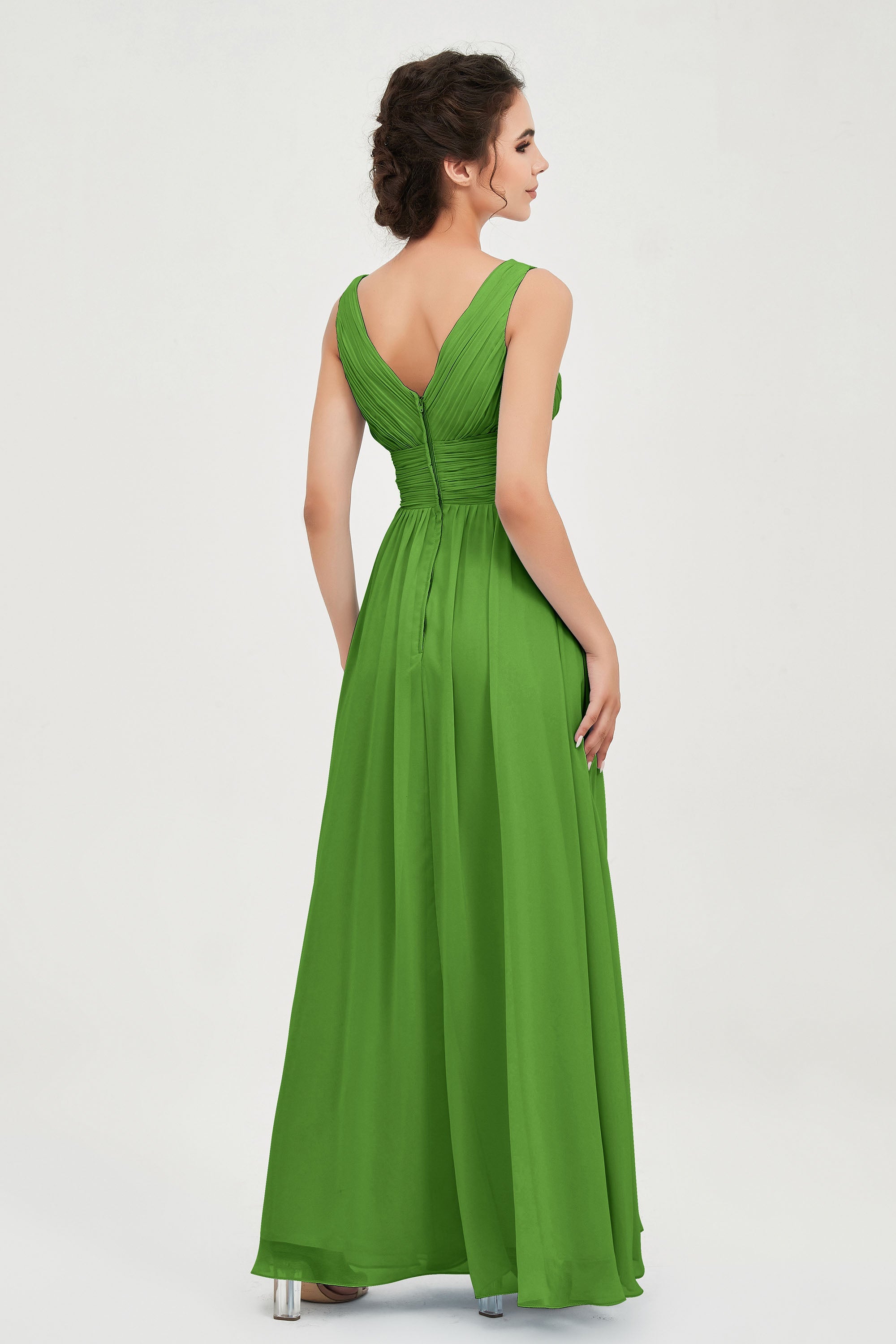 V Neck Natural Chiffon Bridesmaid Dress with Ruched Pleated Formal Evening Dresses Gowns