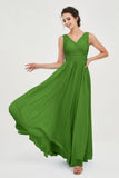 V Neck Natural Chiffon Bridesmaid Dress with Ruched Pleated Formal Evening Dresses Gowns