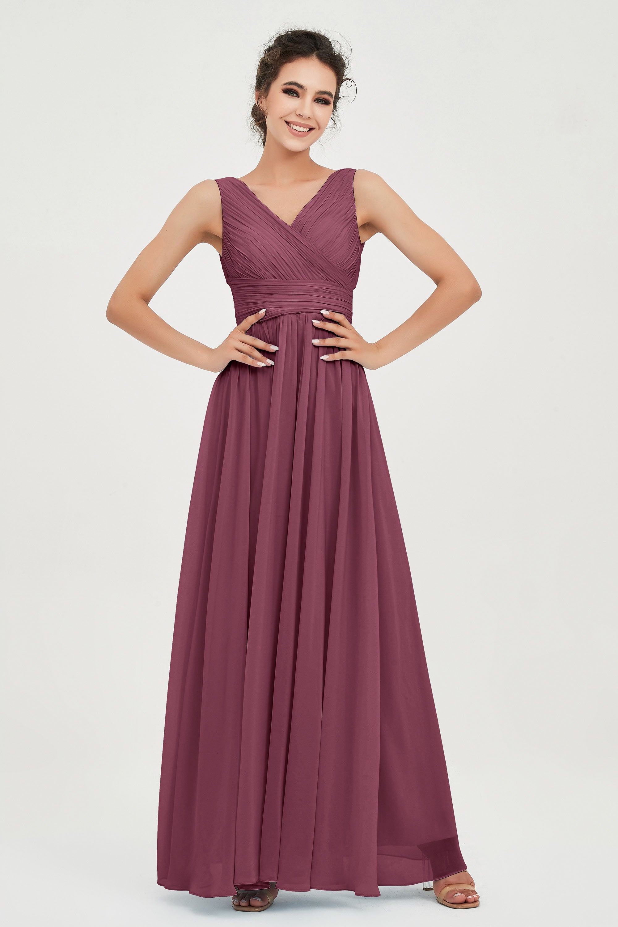 V Neck Natural Chiffon Bridesmaid Dress with Ruched Pleated Formal Evening Dresses Gowns