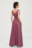 V Neck Natural Chiffon Bridesmaid Dress with Ruched Pleated Formal Evening Dresses Gowns