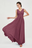 V Neck Natural Chiffon Bridesmaid Dress with Ruched Pleated Formal Evening Dresses Gowns