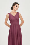 V Neck Natural Chiffon Bridesmaid Dress with Ruched Pleated Formal Evening Dresses Gowns