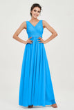 V Neck Natural Chiffon Bridesmaid Dress with Ruched Pleated Formal Evening Dresses Gowns