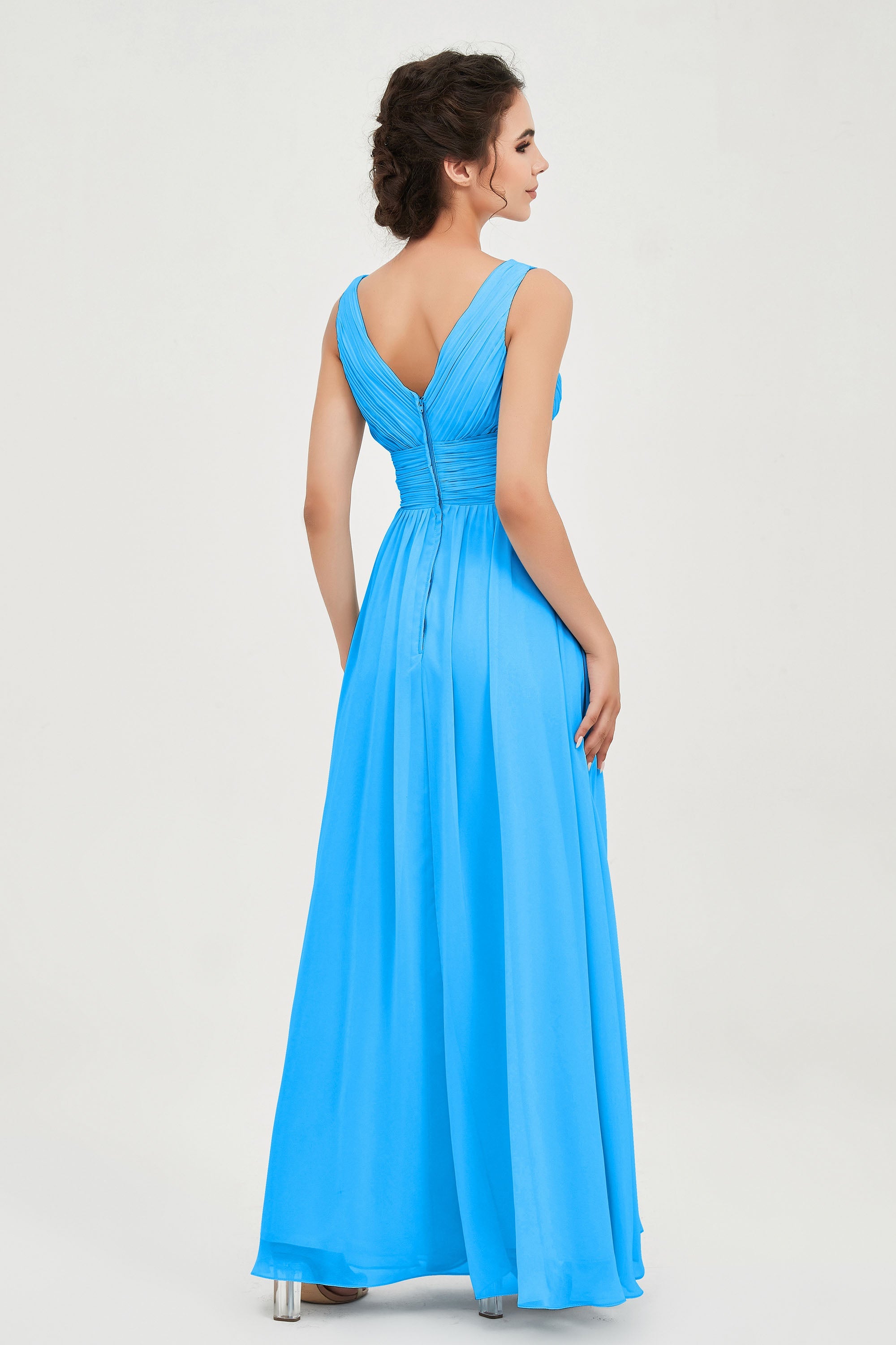 V Neck Natural Chiffon Bridesmaid Dress with Ruched Pleated Formal Evening Dresses Gowns