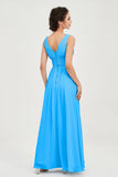 V Neck Natural Chiffon Bridesmaid Dress with Ruched Pleated Formal Evening Dresses Gowns