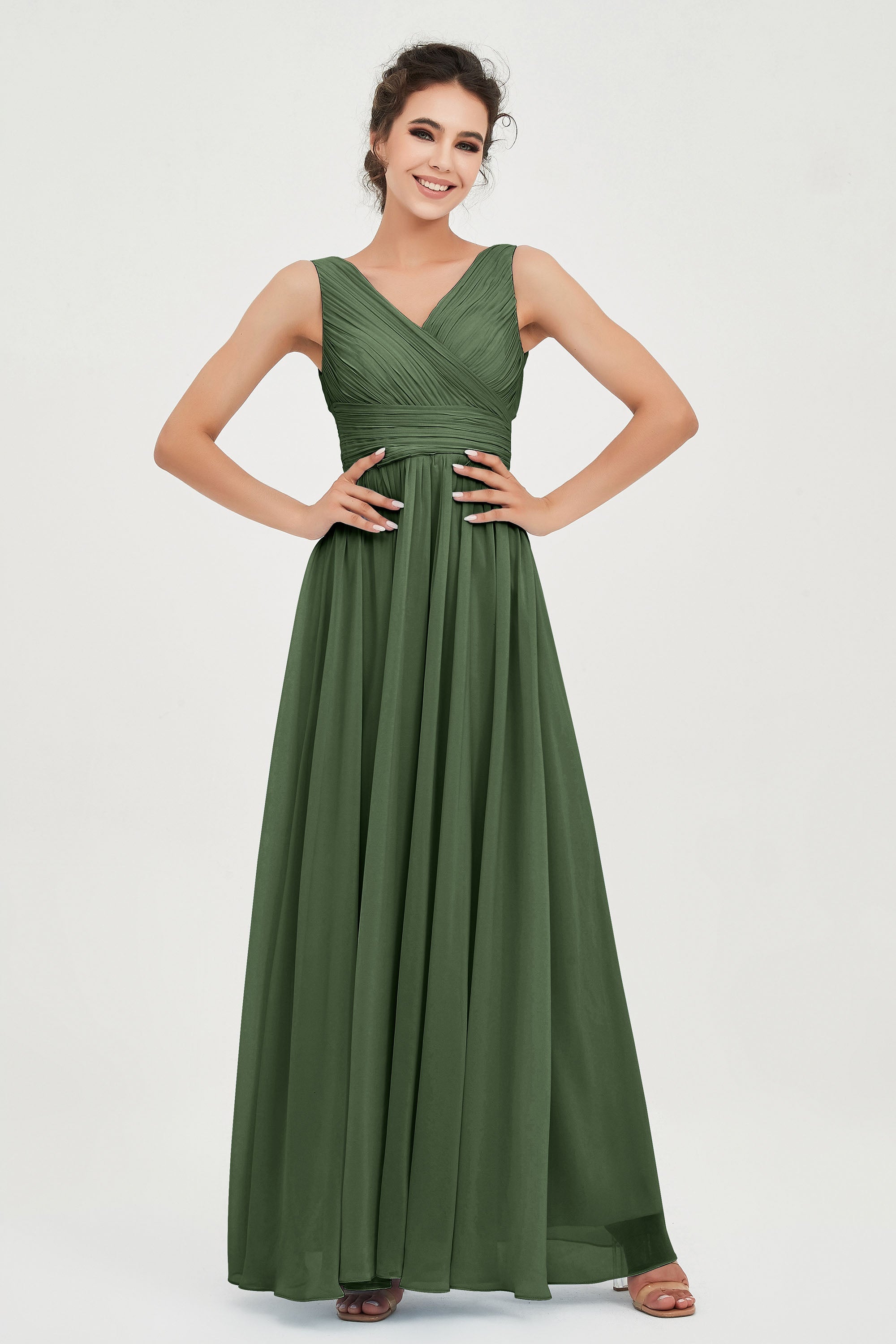 V Neck Natural Chiffon Bridesmaid Dress with Ruched Pleated Formal Evening Dresses Gowns