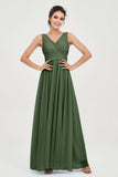 V Neck Natural Chiffon Bridesmaid Dress with Ruched Pleated Formal Evening Dresses Gowns