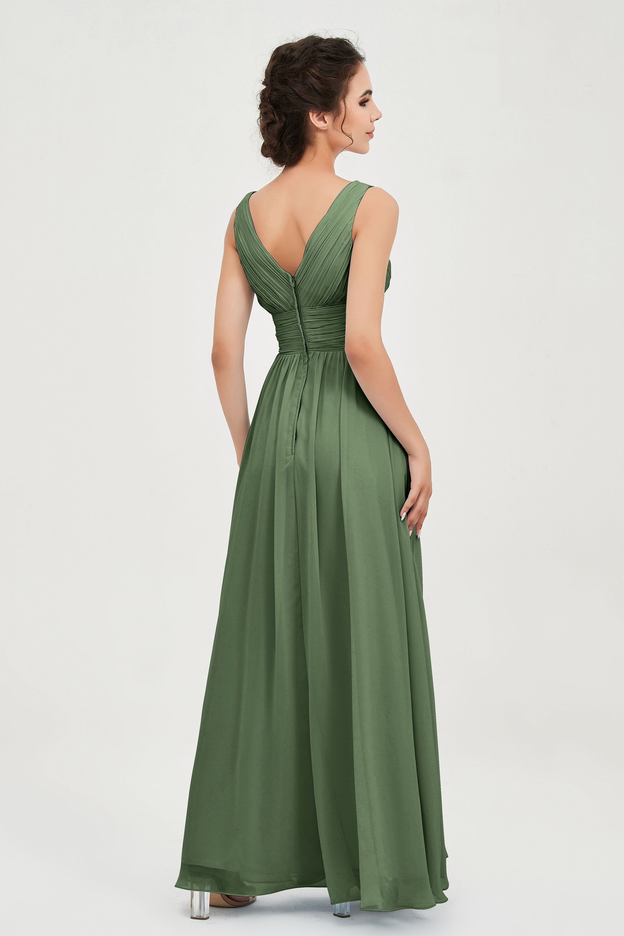 V Neck Natural Chiffon Bridesmaid Dress with Ruched Pleated Formal Evening Dresses Gowns