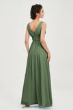 V Neck Natural Chiffon Bridesmaid Dress with Ruched Pleated Formal Evening Dresses Gowns