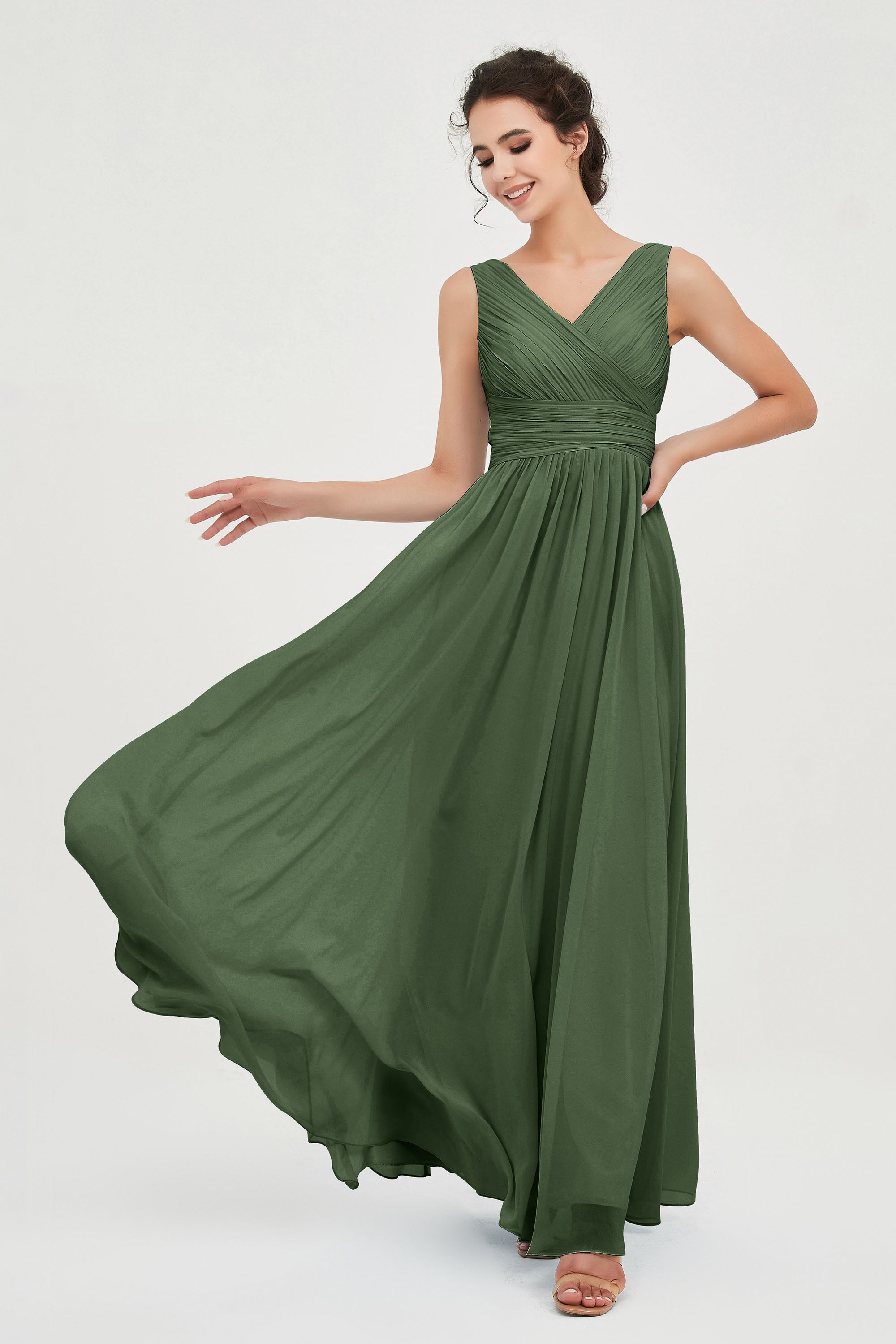 V Neck Natural Chiffon Bridesmaid Dress with Ruched Pleated Formal Evening Dresses Gowns