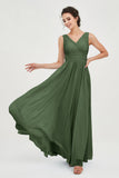 V Neck Natural Chiffon Bridesmaid Dress with Ruched Pleated Formal Evening Dresses Gowns