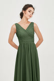 V Neck Natural Chiffon Bridesmaid Dress with Ruched Pleated Formal Evening Dresses Gowns