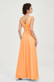 V Neck Natural Chiffon Bridesmaid Dress with Ruched Pleated Formal Evening Dresses Gowns