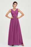 V Neck Natural Chiffon Bridesmaid Dress with Ruched Pleated Formal Evening Dresses Gowns