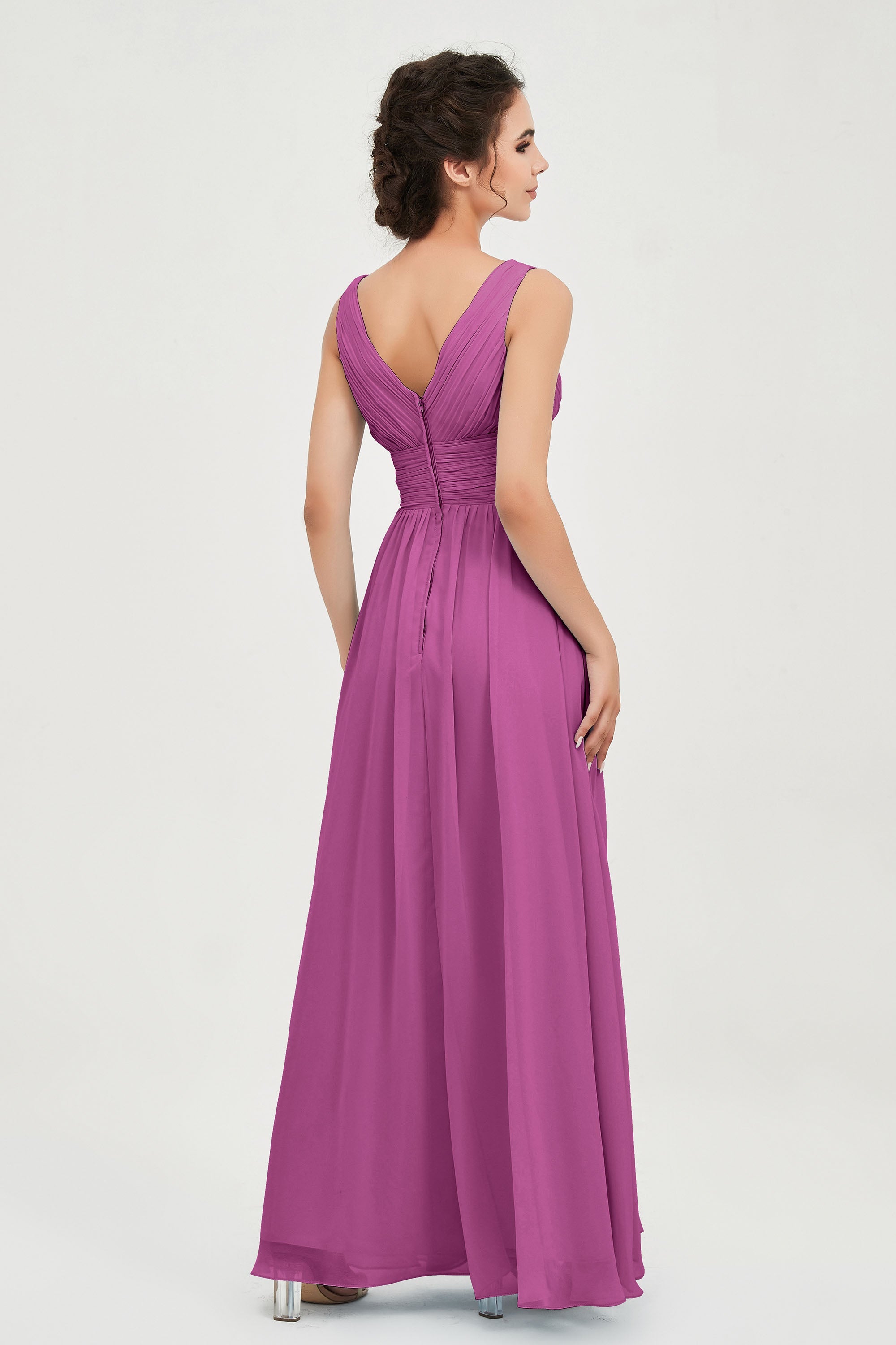 V Neck Natural Chiffon Bridesmaid Dress with Ruched Pleated Formal Evening Dresses Gowns