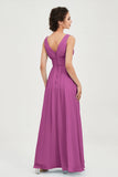 V Neck Natural Chiffon Bridesmaid Dress with Ruched Pleated Formal Evening Dresses Gowns