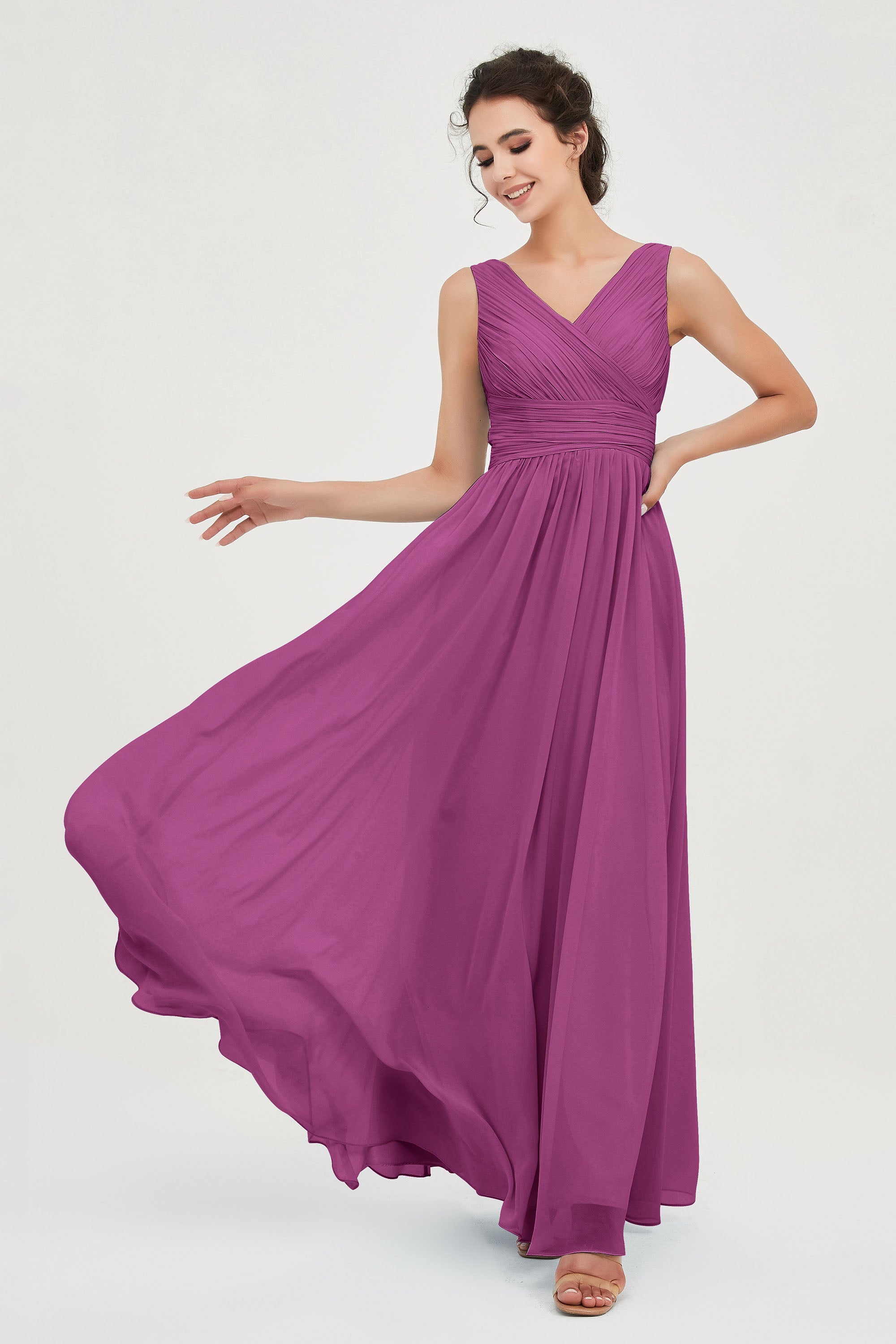 V Neck Natural Chiffon Bridesmaid Dress with Ruched Pleated Formal Evening Dresses Gowns