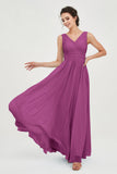 V Neck Natural Chiffon Bridesmaid Dress with Ruched Pleated Formal Evening Dresses Gowns