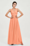 V Neck Natural Chiffon Bridesmaid Dress with Ruched Pleated Formal Evening Dresses Gowns