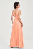 V Neck Natural Chiffon Bridesmaid Dress with Ruched Pleated Formal Evening Dresses Gowns