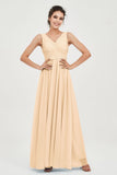 V Neck Natural Chiffon Bridesmaid Dress with Ruched Pleated Formal Evening Dresses Gowns