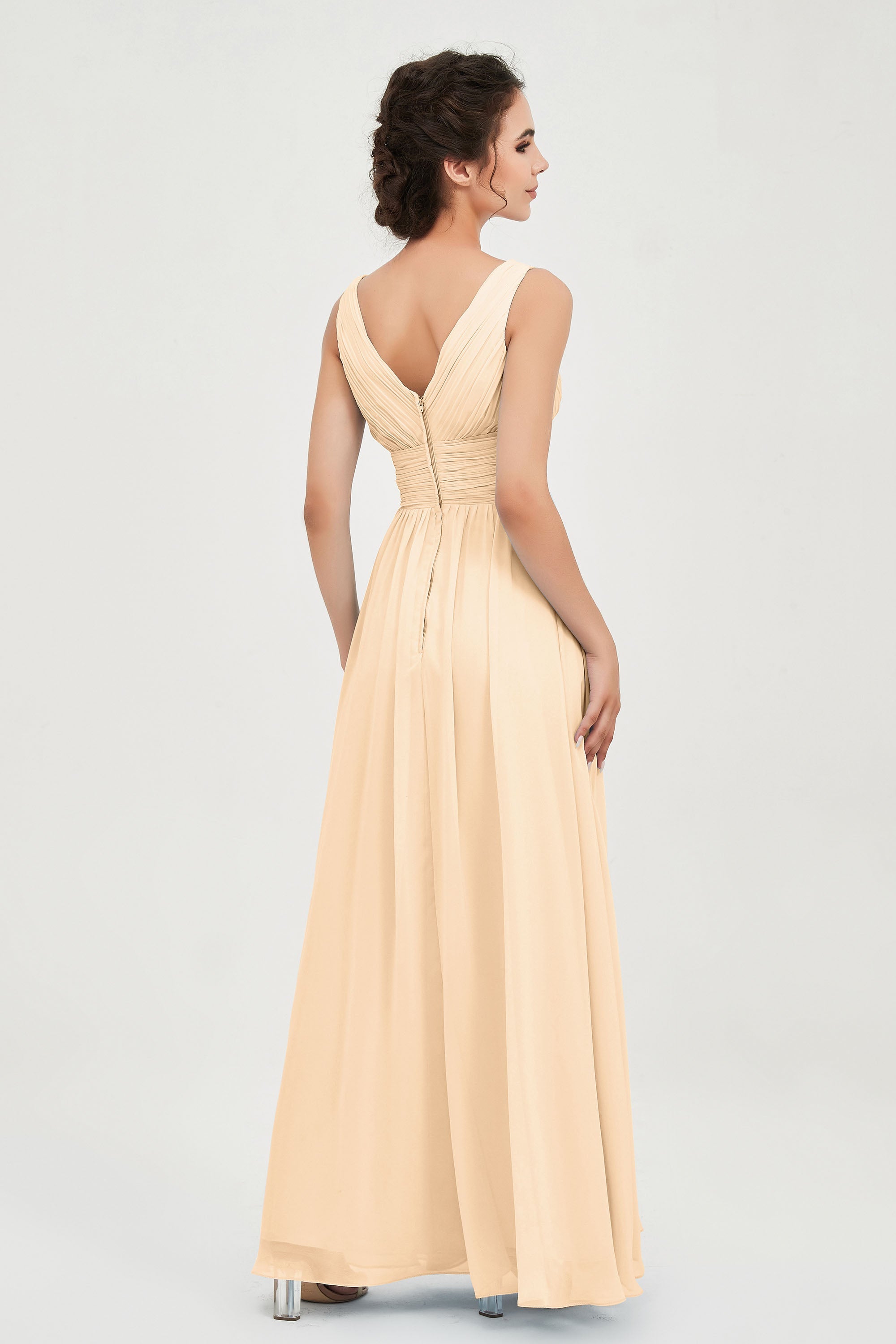 V Neck Natural Chiffon Bridesmaid Dress with Ruched Pleated Formal Evening Dresses Gowns