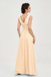 V Neck Natural Chiffon Bridesmaid Dress with Ruched Pleated Formal Evening Dresses Gowns